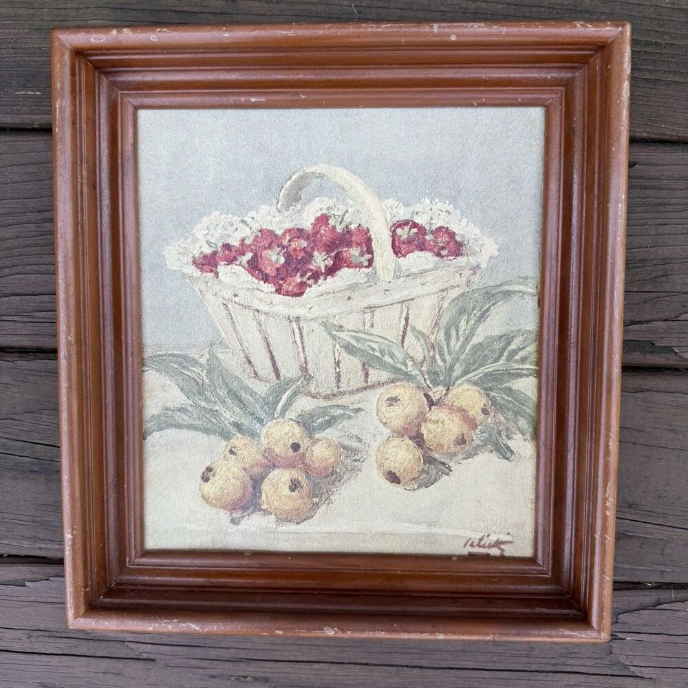 Vintage Still life Painting Wood Frame Fruit Basket Rustic Art